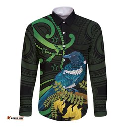 New Zealand Tui Bird Long Sleeve Button Shirt Aotearoa Maori With Kowhai Flowers