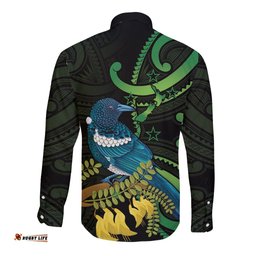 New Zealand Tui Bird Long Sleeve Button Shirt Aotearoa Maori With Kowhai Flowers