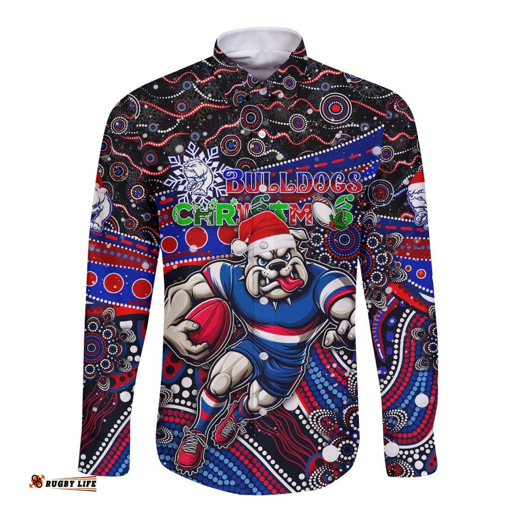 Merry Christmas AFL Bulldogs Long Sleeve Button Shirt Aboriginal Santa Football Mascot