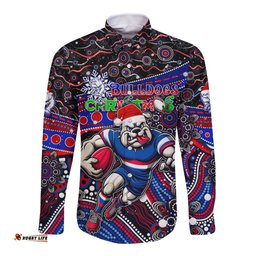Merry Christmas AFL Bulldogs Long Sleeve Button Shirt Aboriginal Santa Football Mascot
