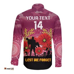 Custom Lions Football ANZAC Long Sleeve Button Shirt Gallipoli Camouflage With Poppies