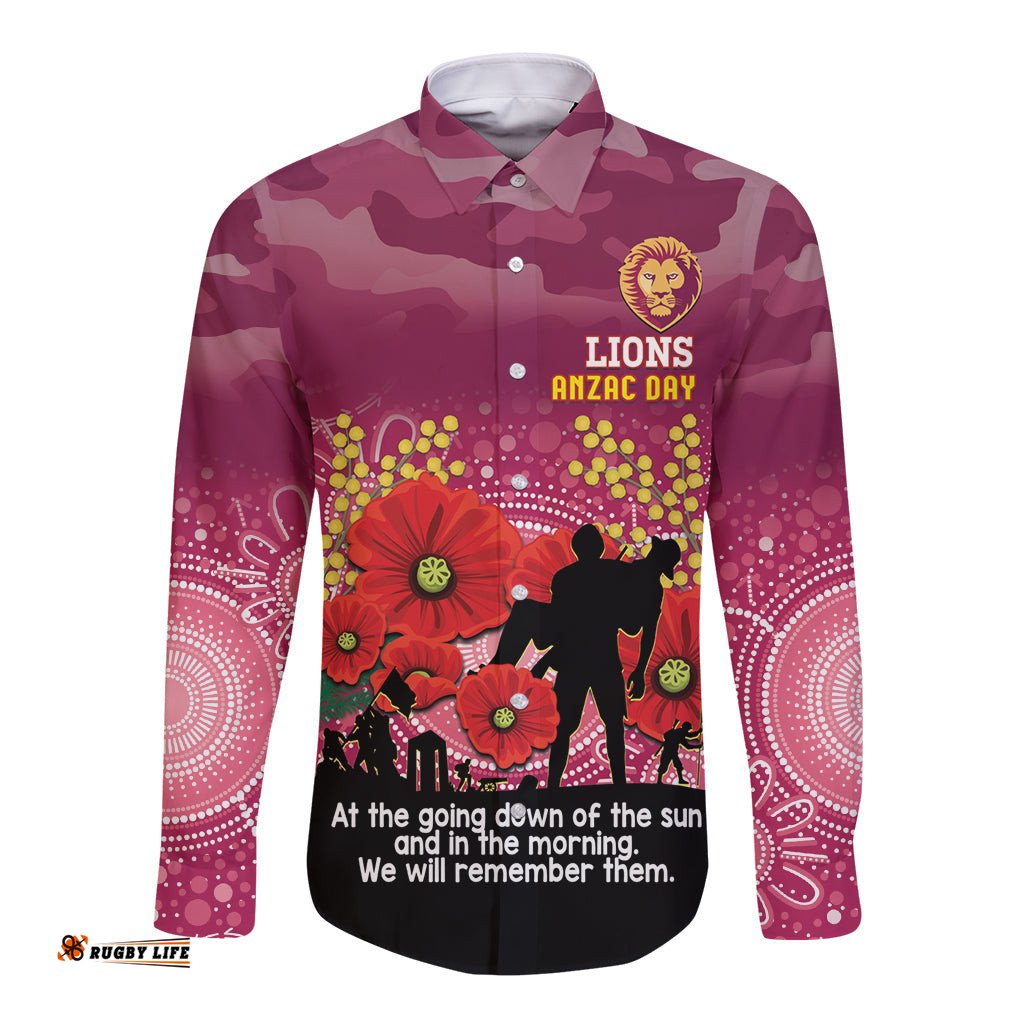 Custom Lions Football ANZAC Long Sleeve Button Shirt Gallipoli Camouflage With Poppies