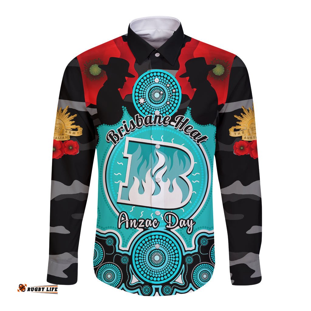 Brisbane Heat ANZAC 2024 Long Sleeve Button Shirt Lest We Forget Poppy Mix Camouflage