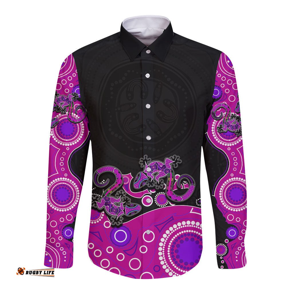 Australia Aboriginal Long Sleeve Button Shirt Lizard Pink