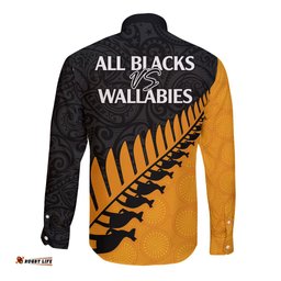 Australia Wallabies and Aotearoa Rugby Long Sleeve Button Shirt Kangaroo Black Fern Maori Gold Vibe