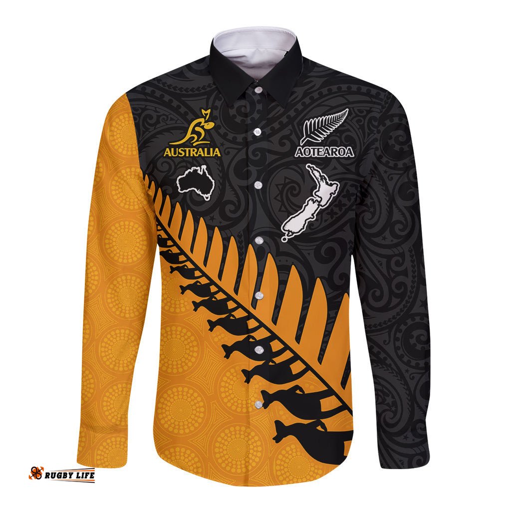 Australia Wallabies and Aotearoa Rugby Long Sleeve Button Shirt Kangaroo Black Fern Maori Gold Vibe