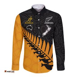 Australia Wallabies and Aotearoa Rugby Long Sleeve Button Shirt Kangaroo Black Fern Maori Gold Vibe