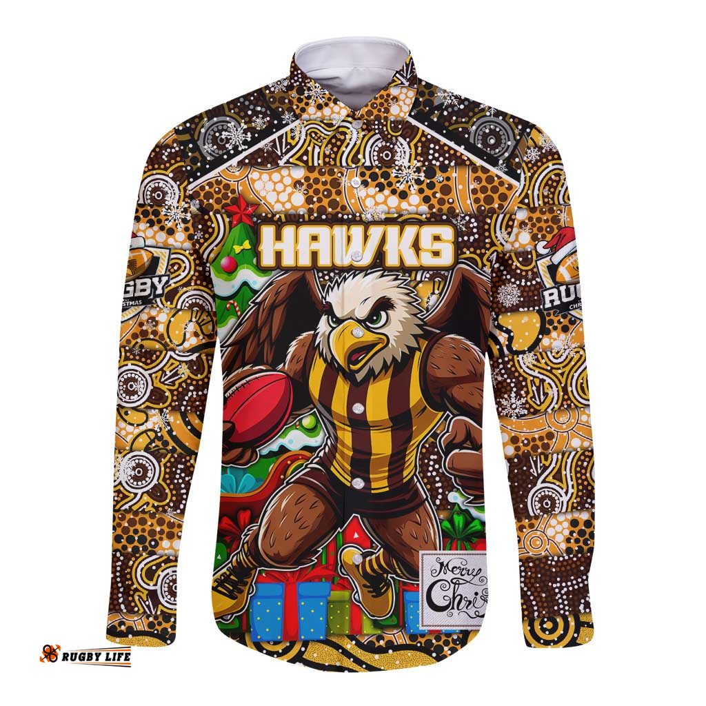 Custom Hawks Football Merry Christmas Long Sleeve Button Shirt Indigenous Australian Art