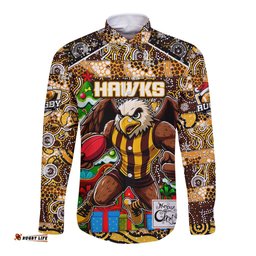 Custom Hawks Football Merry Christmas Long Sleeve Button Shirt Indigenous Australian Art