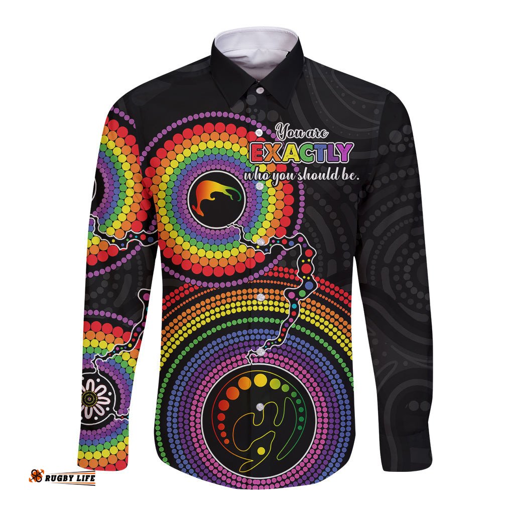 Australia LGBT Long Sleeve Button Shirt You Are Exactly Who You Should Be Aboriginal Style