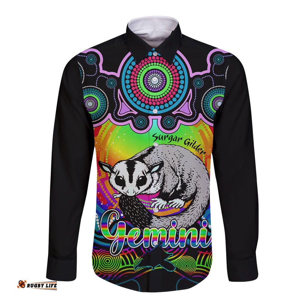 Personalised Australia Gemini Sugar Gilder Zodiac Long Sleeve Button Shirt Auz Astrology Aboriginal - Rainbow
