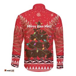 Kiwi New Zealand Christmas Long Sleeve Button Shirt Meri Kirihimete Silver Fern Red Color