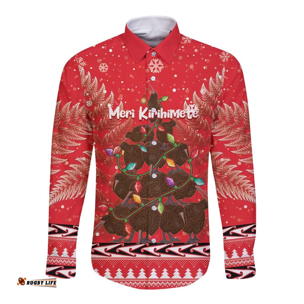 Kiwi New Zealand Christmas Long Sleeve Button Shirt Meri Kirihimete Silver Fern Red Color