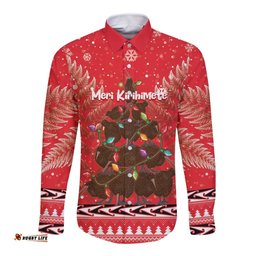 Kiwi New Zealand Christmas Long Sleeve Button Shirt Meri Kirihimete Silver Fern Red Color