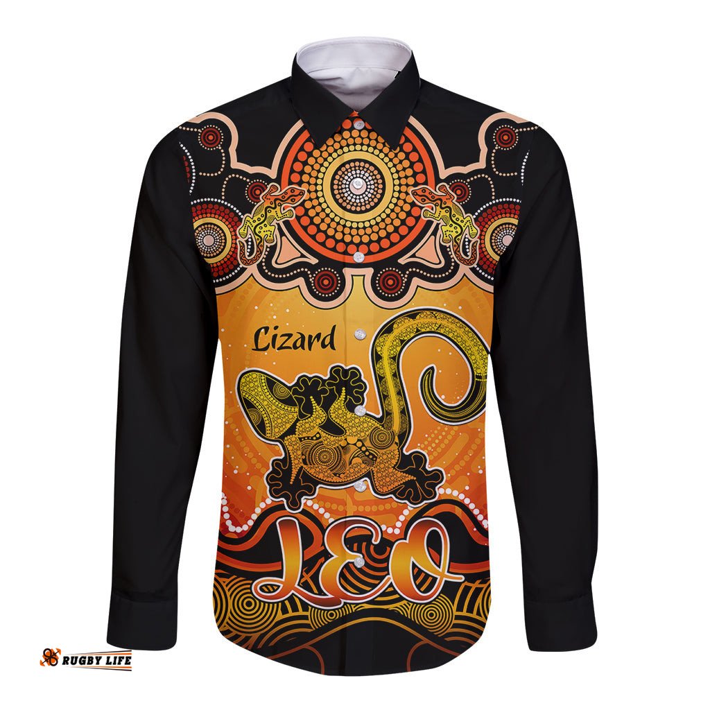Personalised Australia Leo Lizard Zodiac Long Sleeve Button Shirt Auz Astrology Aboriginal Red