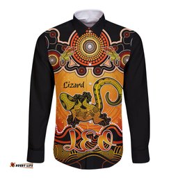 Personalised Australia Leo Lizard Zodiac Long Sleeve Button Shirt Auz Astrology Aboriginal Red