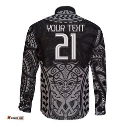 Custom New Zealand Rugby Long Sleeve Button Shirt Maori All Black Warrior Tribal Tattoo
