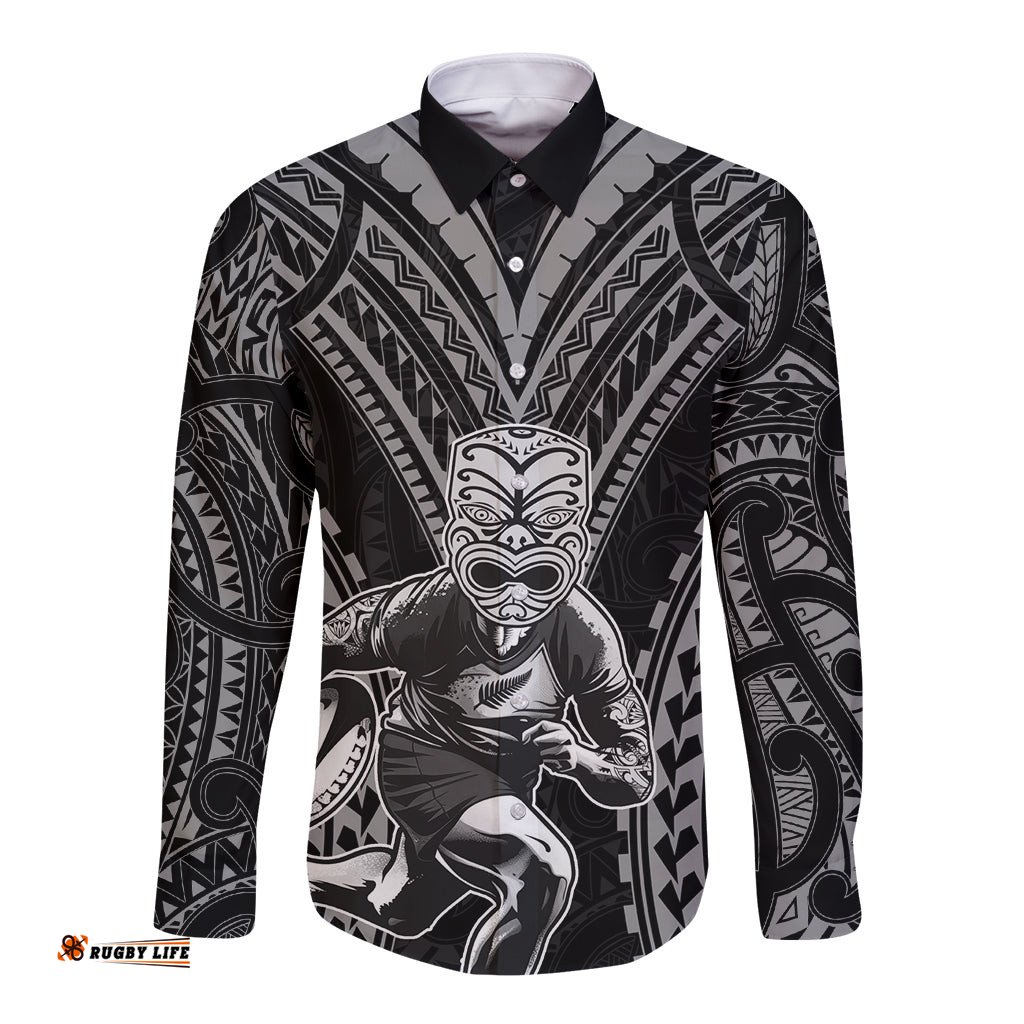 Custom New Zealand Rugby Long Sleeve Button Shirt Maori All Black Warrior Tribal Tattoo