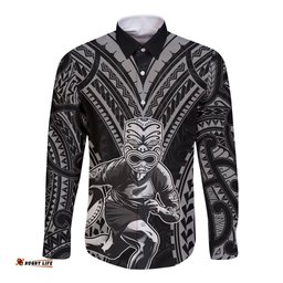 Custom New Zealand Rugby Long Sleeve Button Shirt Maori All Black Warrior Tribal Tattoo