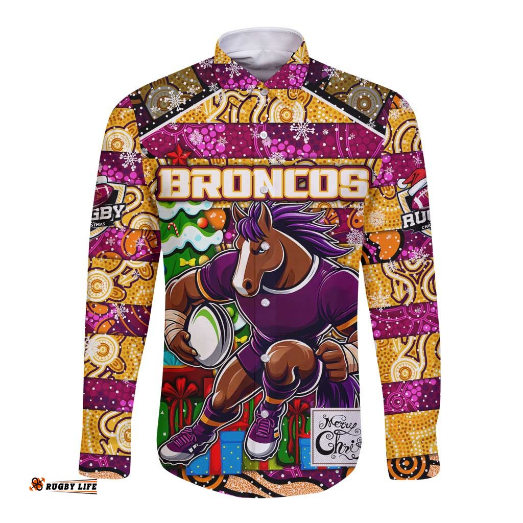 Custom Broncos Rugby Merry Christmas Long Sleeve Button Shirt Indigenous Australian Art
