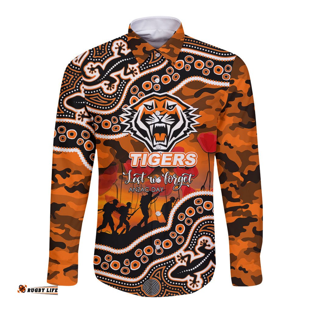 Custom Personalised Anzac Day NRL - Tigers Long Sleeve Button Shirt Aboriginal Lizard Patterns