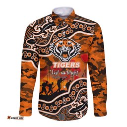 Custom Personalised Anzac Day NRL - Tigers Long Sleeve Button Shirt Aboriginal Lizard Patterns