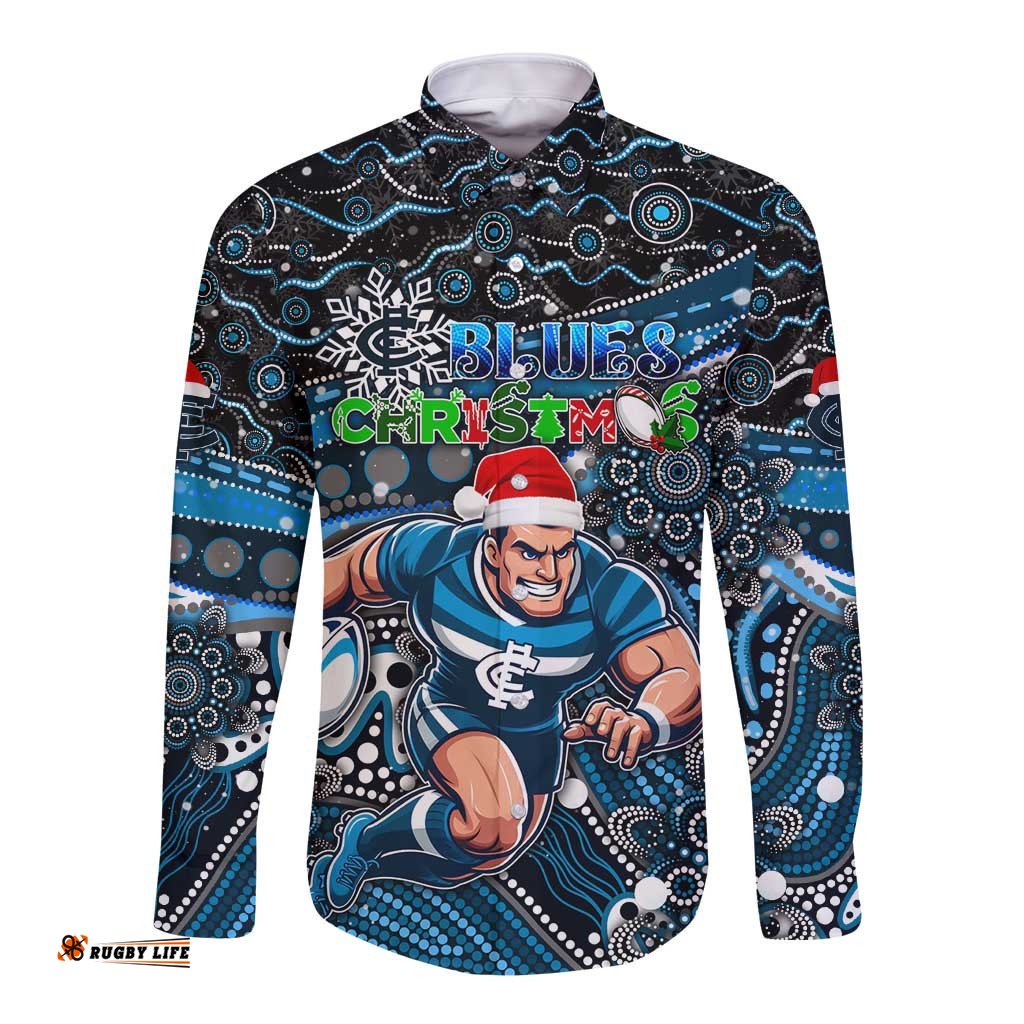 Merry Christmas AFL Carlton Blues Long Sleeve Button Shirt Aboriginal Santa Football Mascot
