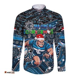 Merry Christmas AFL Carlton Blues Long Sleeve Button Shirt Aboriginal Santa Football Mascot