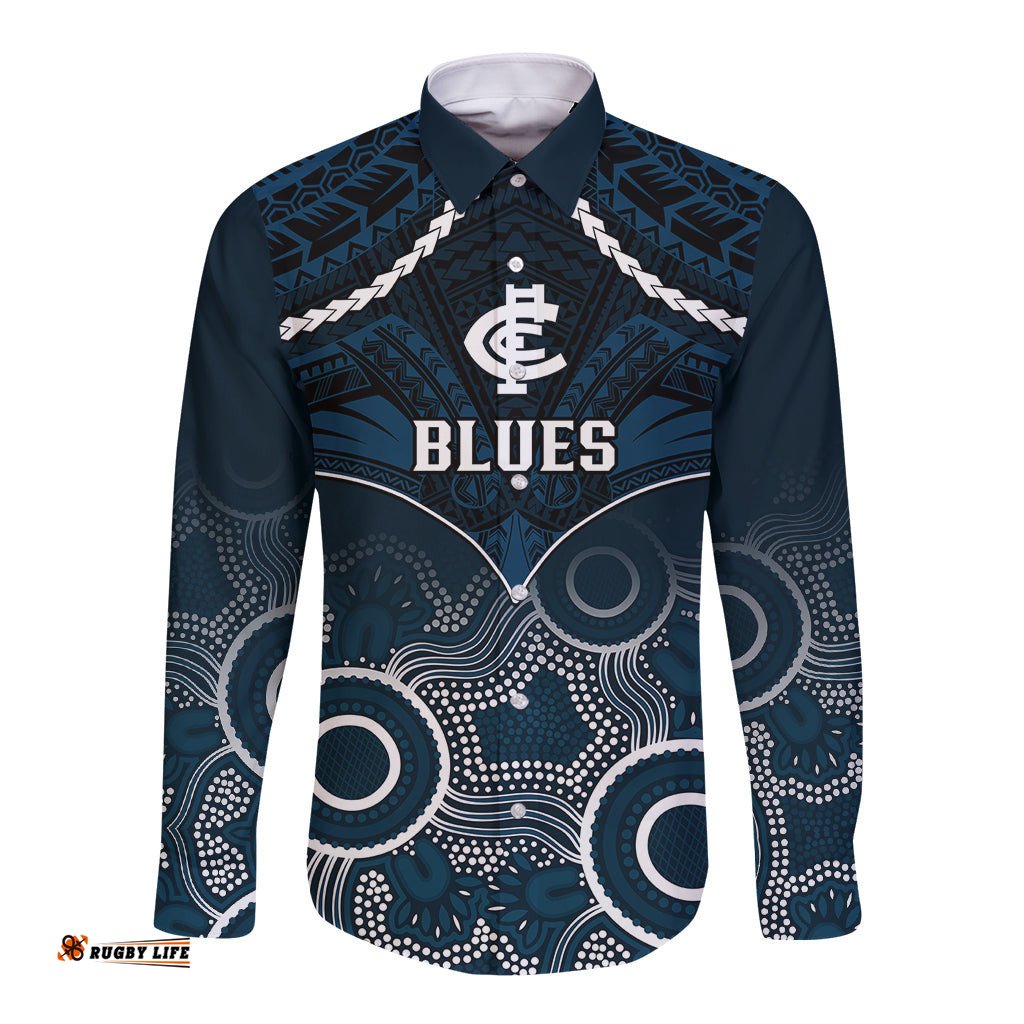 Personalised Carlton Football Long Sleeve Button Shirt Blues Aboriginal Mix Polynesian Pattern