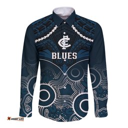 Personalised Carlton Football Long Sleeve Button Shirt Blues Aboriginal Mix Polynesian Pattern