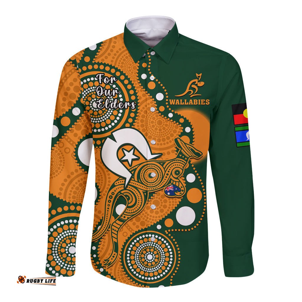 Custom Text And Number Wallabies Rugby NAIDOC Long Sleeve Button Shirt Aboriginal Camouflage Lest We Forget
