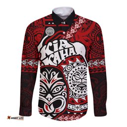 Te Reo Maori New Zealand Long Sleeve Button Shirt Aotearoa Kia Haka Maori Tribal Tattoo Red Style
