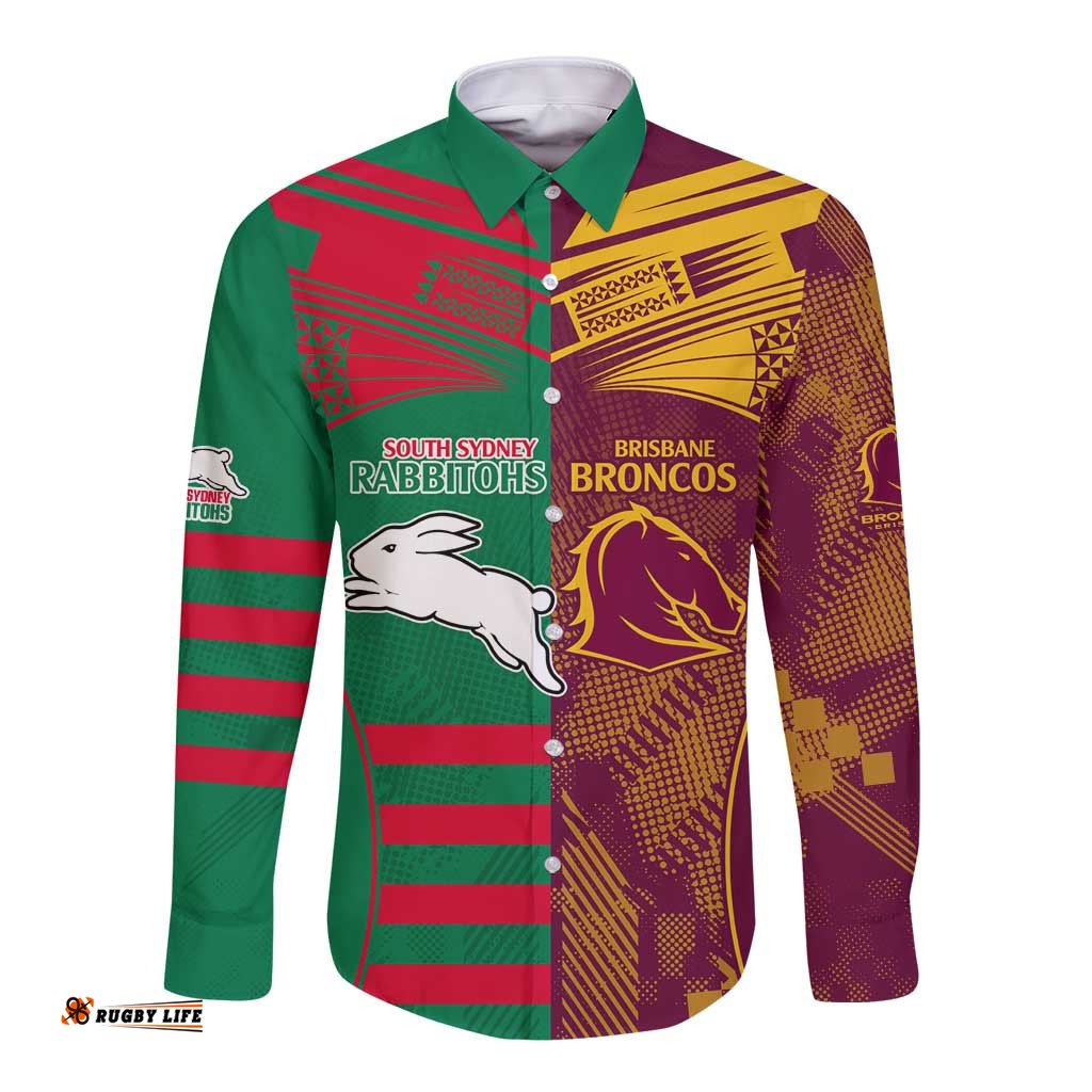 Custom NRL Rabbitohs and Broncos Long Sleeve Button Shirt Sporty Style