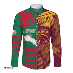 Custom NRL Rabbitohs and Broncos Long Sleeve Button Shirt Sporty Style
