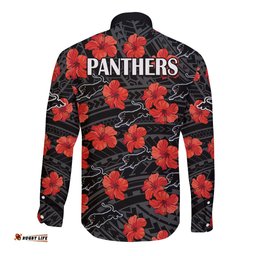 Panthers Rugby Long Sleeve Button Shirt Polynesian Style With Hibiscus