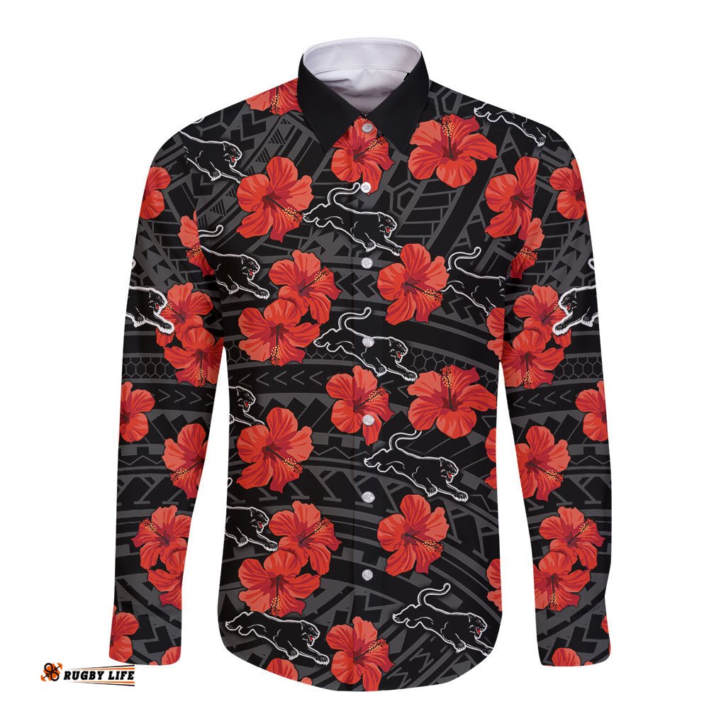 Panthers Rugby Long Sleeve Button Shirt Polynesian Style With Hibiscus