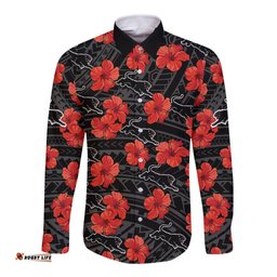 Panthers Rugby Long Sleeve Button Shirt Polynesian Style With Hibiscus