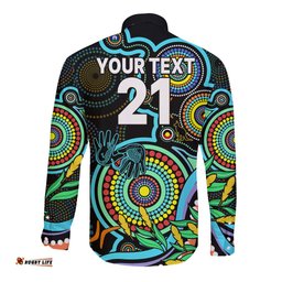 Custom Port Adelaide Football Aboriginal Art Long Sleeve Button Shirt NAIDOC Indigenous Tribal
