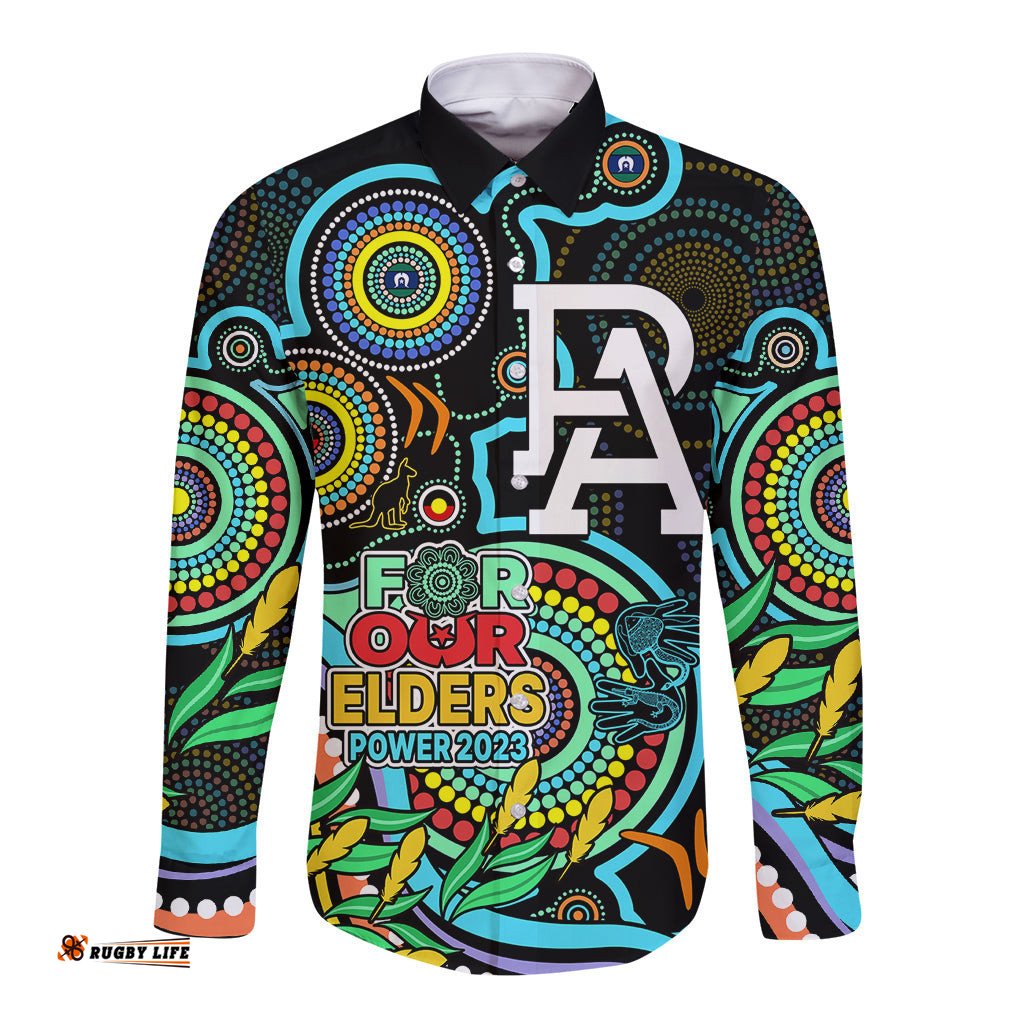Custom Port Adelaide Football Aboriginal Art Long Sleeve Button Shirt NAIDOC Indigenous Tribal