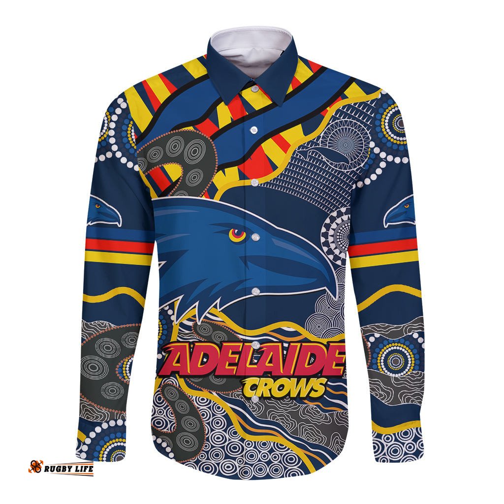 Custom Text And Number The Crows Football Long Sleeve Button Shirt Adelaide Be Unique Aboriginal Dots