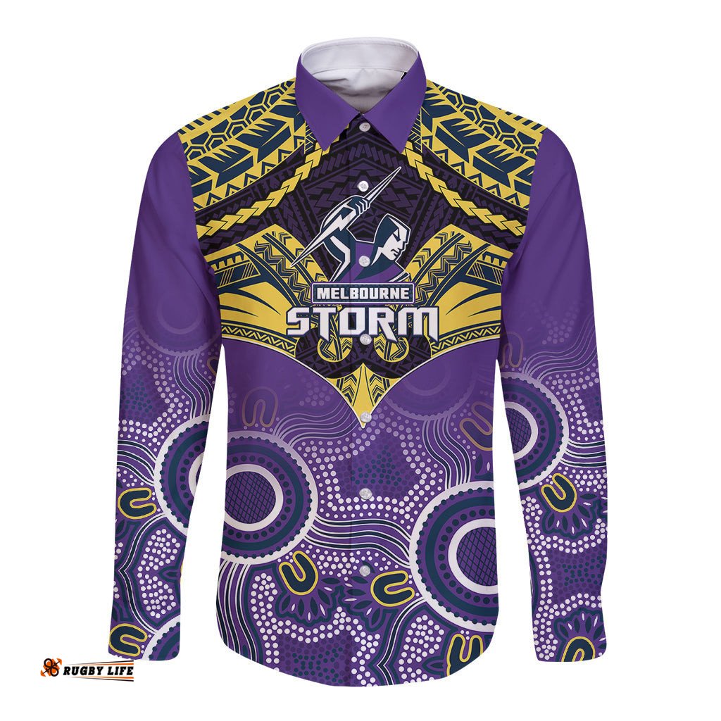 Personalised Storm Rugby Long Sleeve Button Shirt Go Melbourne Aboriginal Mix Polynesian Pattern
