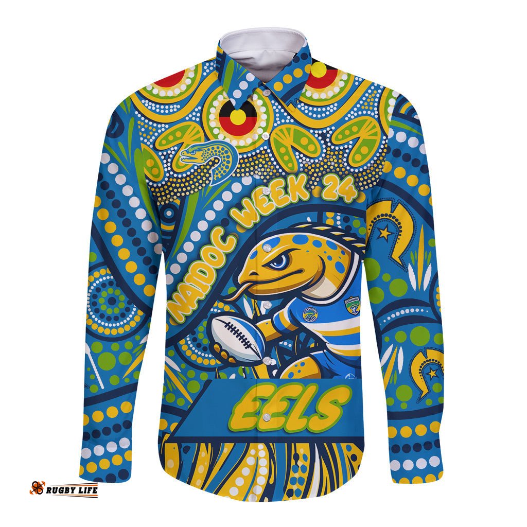Custom Australia NAIDOC Week 2024 Long Sleeve Button Shirt Parramatta Eels Mascot Keep The Fire Burning