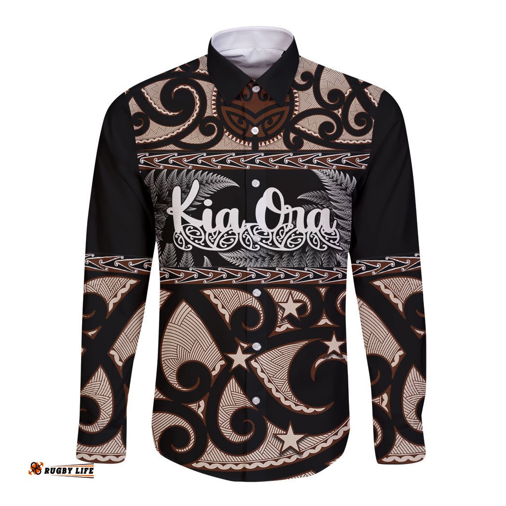 Kia Ora New Zealand Long Sleeve Button Shirt Aotearoa Proud Maori With Silver Fern