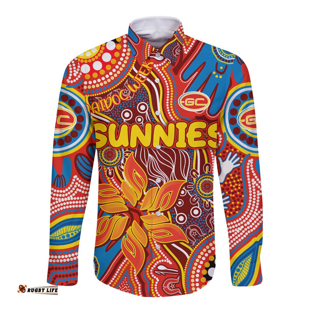Personalised NAIDOC Week 2024 Gold Coast Suns Long Sleeve Button Shirt Australian Aboriginal Hand Painting