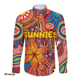 Personalised NAIDOC Week 2024 Gold Coast Suns Long Sleeve Button Shirt Australian Aboriginal Hand Painting