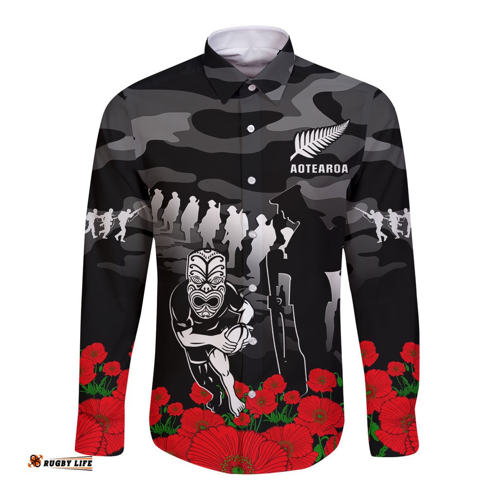 New Zealand ANZAC Rugby Long Sleeve Button Shirt Silver Fern All Black Camouflage Mix Poppy
