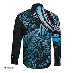 New Zealand Lizard Long Sleeve Button Shirt Silver Fern Aotearoa Maori Blue Version