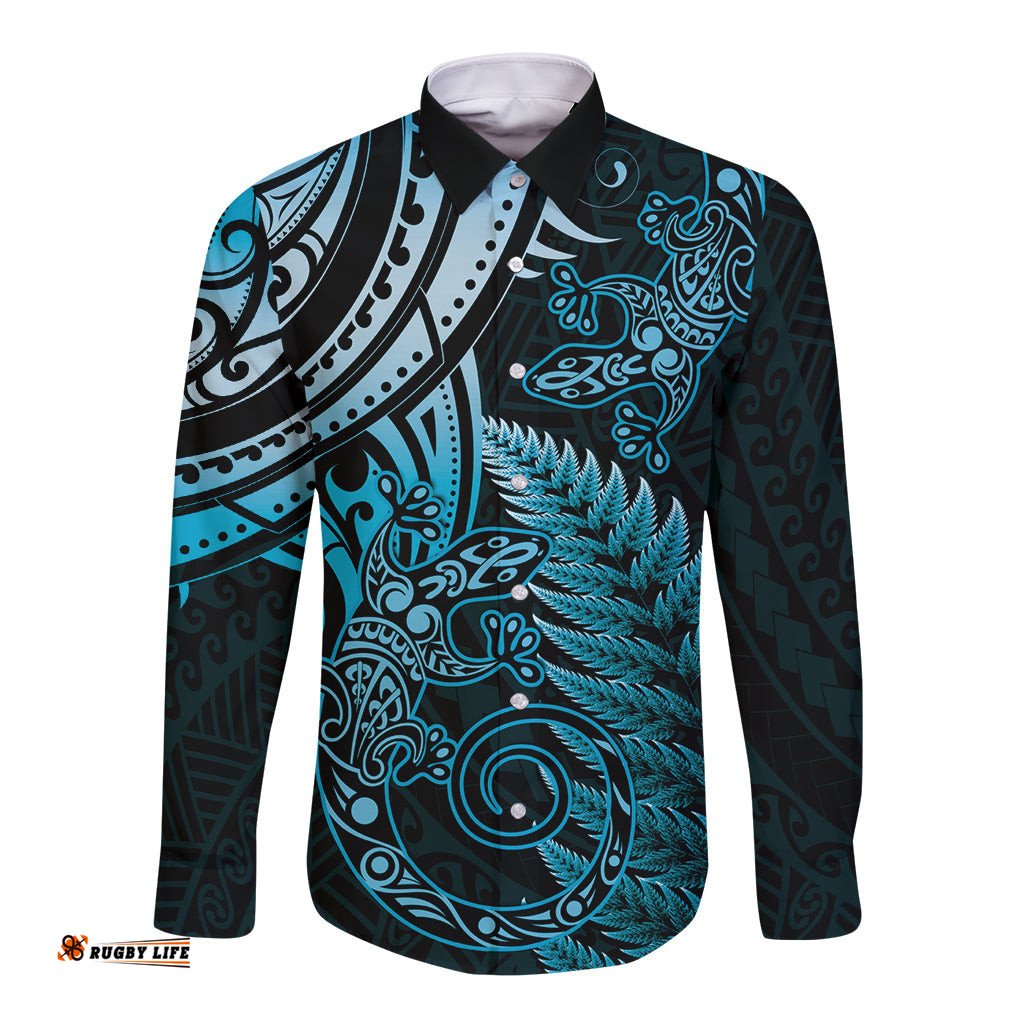 New Zealand Lizard Long Sleeve Button Shirt Silver Fern Aotearoa Maori Blue Version