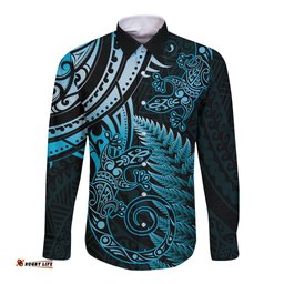 New Zealand Lizard Long Sleeve Button Shirt Silver Fern Aotearoa Maori Blue Version