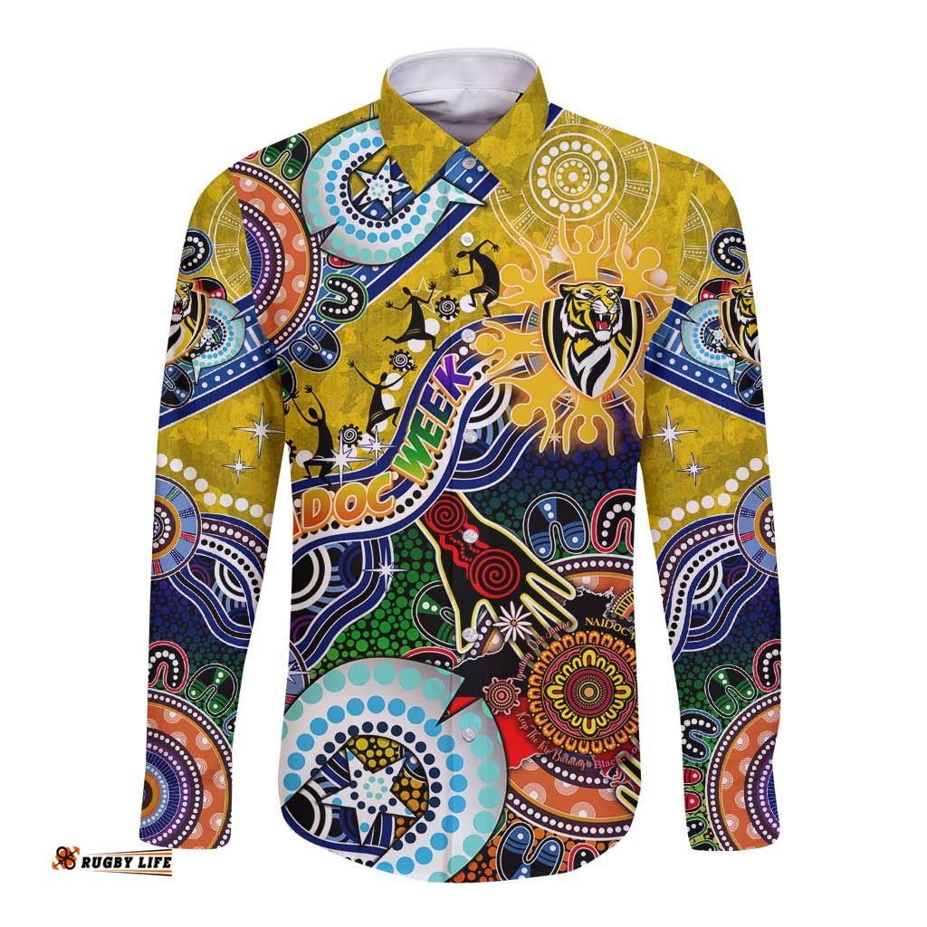 Custom NAIDOC Week 2024 Richmond Tiger Long Sleeve Button Shirt Australia Aboriginal Dot Painting